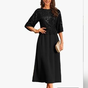 NWT Grace Karin Sequin Chiffon 3/4 Split Sleeve Formal Dress Black Small